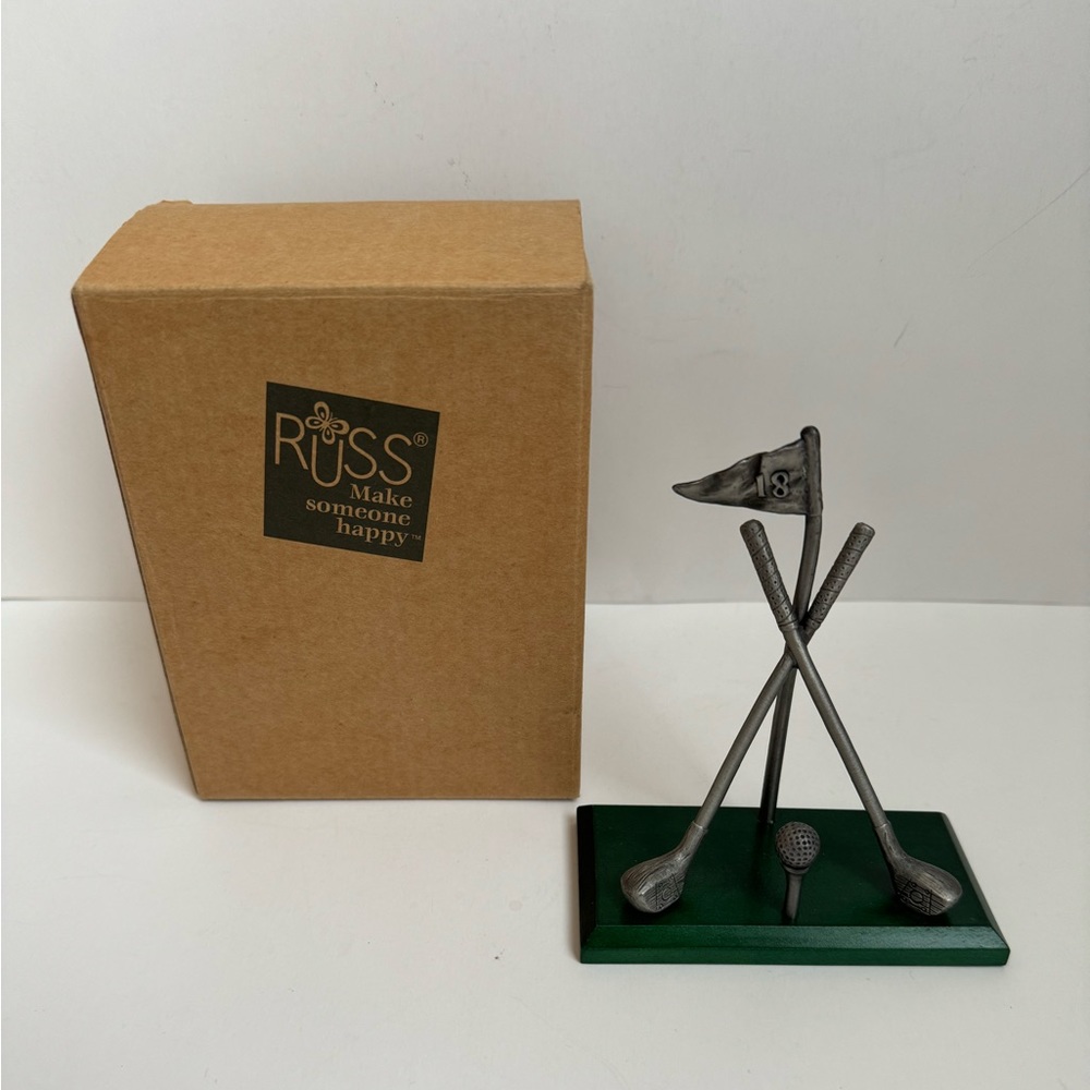 Russ Golf Club Balls Business Card Holder Pewter w/ Wooden Base